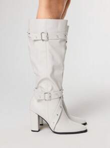 ROMWE Grunge Punk Giày bốt cao đến đùi mũi nhọn gót dày mới 2025 dành cho nữ, giày bốt cưỡi ngựa đa năng chống trượt có dây khóa - trắng - Xem 4