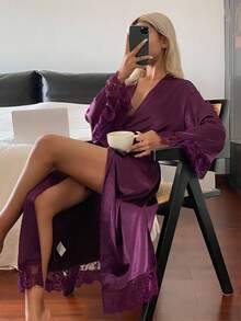 DAZY Charming Satin Contrast Lace Long Robe For Women, Fall Pajama - Purple - View 1