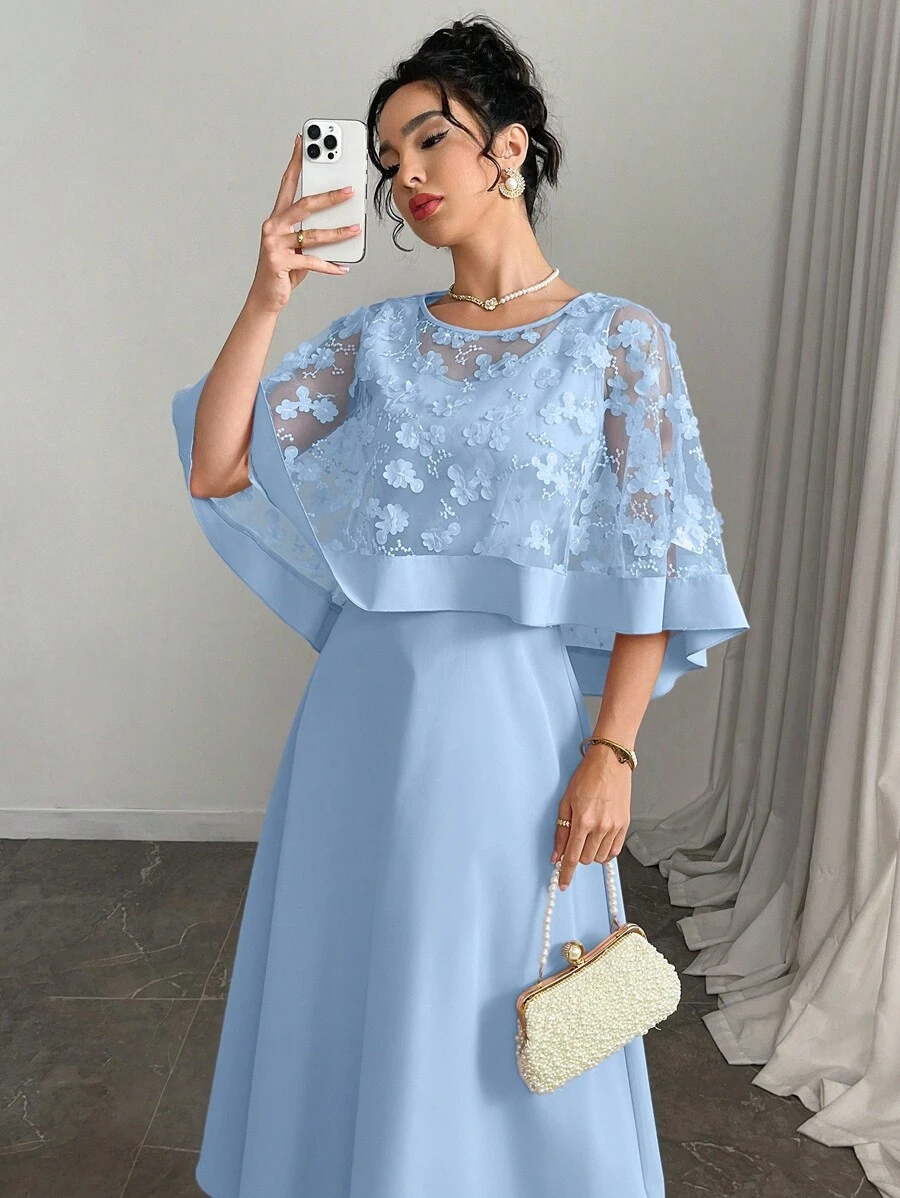 Modelyn Women Floral Applique Mesh Batwing Sleeve Top And Sleeveless Dress Elegant 2 Piece Set - Blue - View 1
