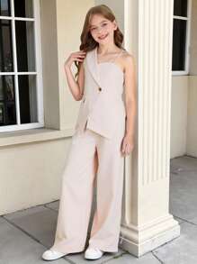 SHEIN 少女都市办公室时尚单肩吊带上衣西装外套+裤子两件套