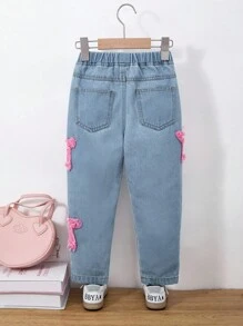 SHEIN 年轻女孩休闲柔软舒适度假时尚街头水洗可爱星星刺绣日常穿着无弹力修身锥形牛仔裤，轻盈春秋 - 淺色水洗藍 - 查看 2