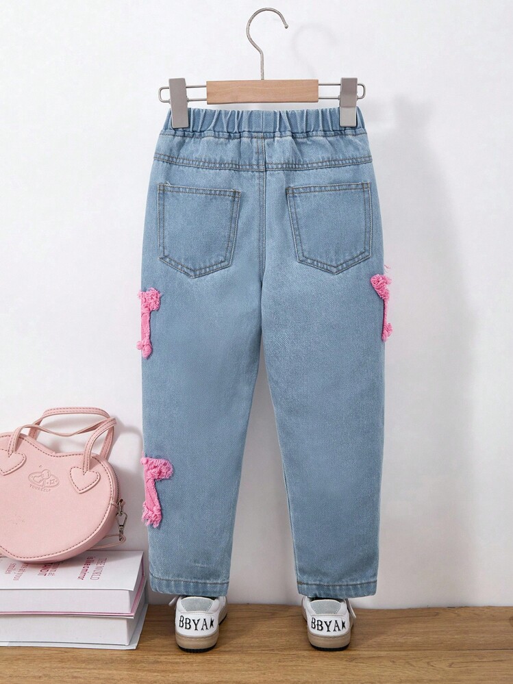 SHEIN 年轻女孩休闲柔软舒适度假时尚街头水洗可爱星星刺绣日常穿着无弹力修身锥形牛仔裤，轻盈春秋 - 淺色水洗藍 - 查看 2