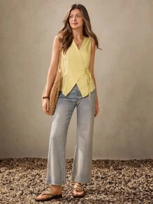 Wildy Casual American Country Style Cream Yellow Vest With Thin Straps, Suitable For Teachers, Office Commute, Vintage Look Yellow Summer Top Women Summer Blouse Top Light Yellow Top Yellow Tie Top Wrap Top Yellow Wrap Top Criss Cross Top Women Yellow Summer Top Western Wear Women Country  Teacher Outfits For Women - Yellow - View 4