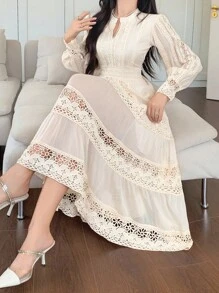 DAZY Women's Elegant Lace Round Neck Puff Sleeve Mid-Length Dress, Autumn,Fall Women Clothes Maxi Dress - Apricot - View 8