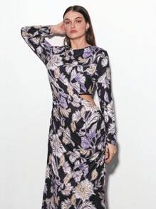 Maija 女式加大码圆领长袖花卉印花腰部镂空收腰褶饰连衣裙 - 彩色 - 查看 7