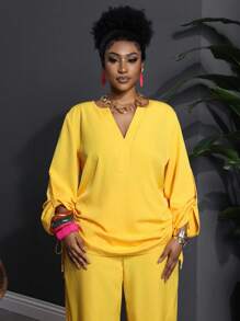 Slaydiva 两件套加大码女式西式休闲纯色深V领长袖上衣和长裤套装 - 黃色 - 查看 4