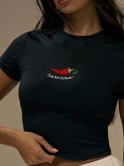 MUSERA Embroidered Chilli "Cute But Caliente" Slogan Graphic Fitted Baby Tee Fall Cute Streetwear Festival Farmhouse ,Elegant