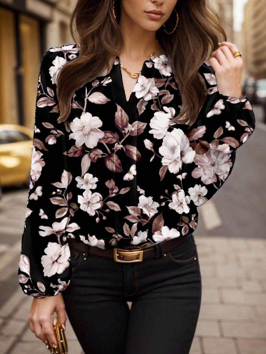 Glamance Constanza Baglietto Women Multicolour Plus Size Blouses Extra-Long Sleeve Notched Boho Plants All Over Print Plain Floral Summers Going Out Office Business Casual Fall Day Nights Women Travel Airport Streetwear Women Fall Clothes Modest Back To School Work Clothes Women Autumn And Winter Flowy Top Going Out Elegant Blouses New Year Chic Stylish Clothing Collection