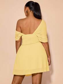 SHEIN BAE 大码女式绿色雪纺不对称网眼褶皱 A 字迷你连衣裙，春夏 - 黃色 - 查看 6