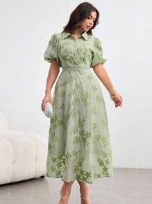 Modelyn 大码翻领腰部抽绳刺绣绿色连衣裙 - 綠色 - 查看 4