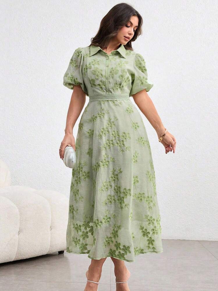 Modelyn Plus Size Turndown Collar Waist Drawstring Embroidered Green Dress - Green - View 4
