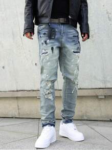 Manfinity EMRG 男式水洗做旧修身牛仔裤 - 淺色水洗藍 - 查看 8