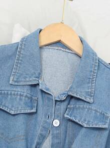 Sparklyn 2pcs/Set Tween Girls Blue Washed Twist Denim Cropped Top + Black Knit Camisole Dress, Casual Versatile Outfit - Black - View 3