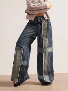 Bohemela Women's Casual Loose Woven Wide-Leg Jeans Patchwork Jeans Wide Leg Jeans Women Jeans Denim Pants - Blue - View 3
