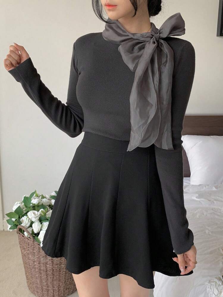 Women's Elegant Casual Patchwork Scarf Collar Slim Fit Pullover Sweater Fall
