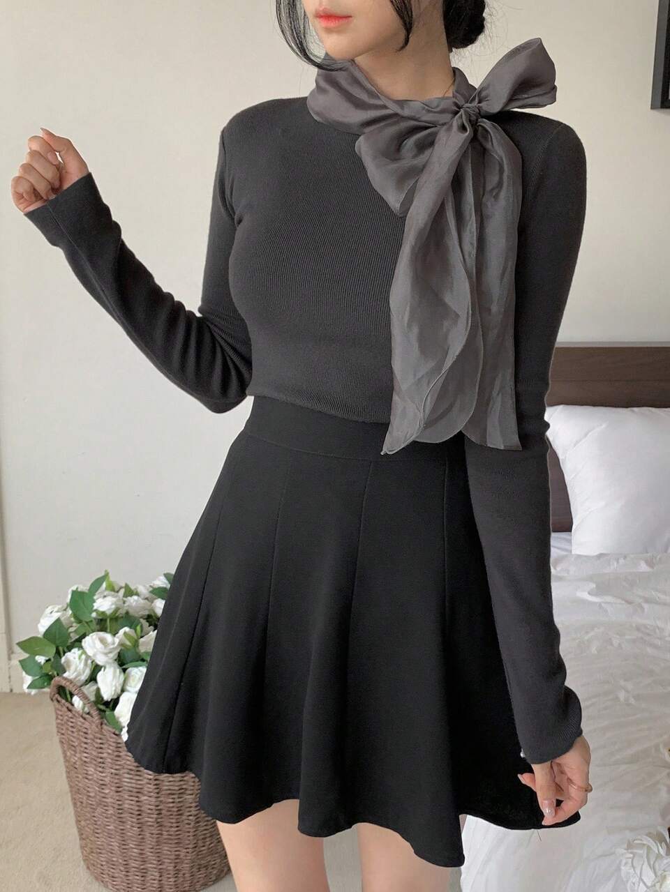 Women's Elegant Casual Patchwork Scarf Collar Slim Fit Pullover Sweater Fall