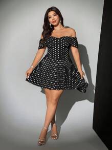 Viva Relle Plus Size Women's Elegant Romantic Off Shoulder Polka Dot Pleated Mini Dress