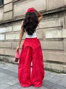 Coolane 女士夏季街头休闲装，带有独特的带子细节和编织面料的长红色裤子 - 紅色 - 查看 4