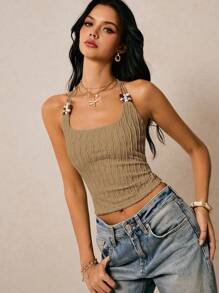 Poéselle Women's Solid Color Beaded Textured Fabric Slim Fit Camisole Tank Top, Summer - Khaki - View 2