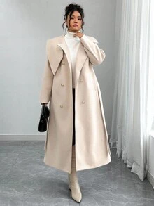 Elenzga Plusstorlek Dam Enfärgad Knyt Midja Dubbelknäppt Långärmad Elegant Högkvalitativ Romantisk Lång Yllekappa Beige Kappa Vinterkappa Dam Neutral Kappa Dam Trenchcoat Klassisk Damkappa - Aprikos - Visa 6
