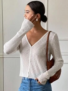 DAZY Women's Casual V-Neck Ribbed Knit Sweater Fall - White - View 1