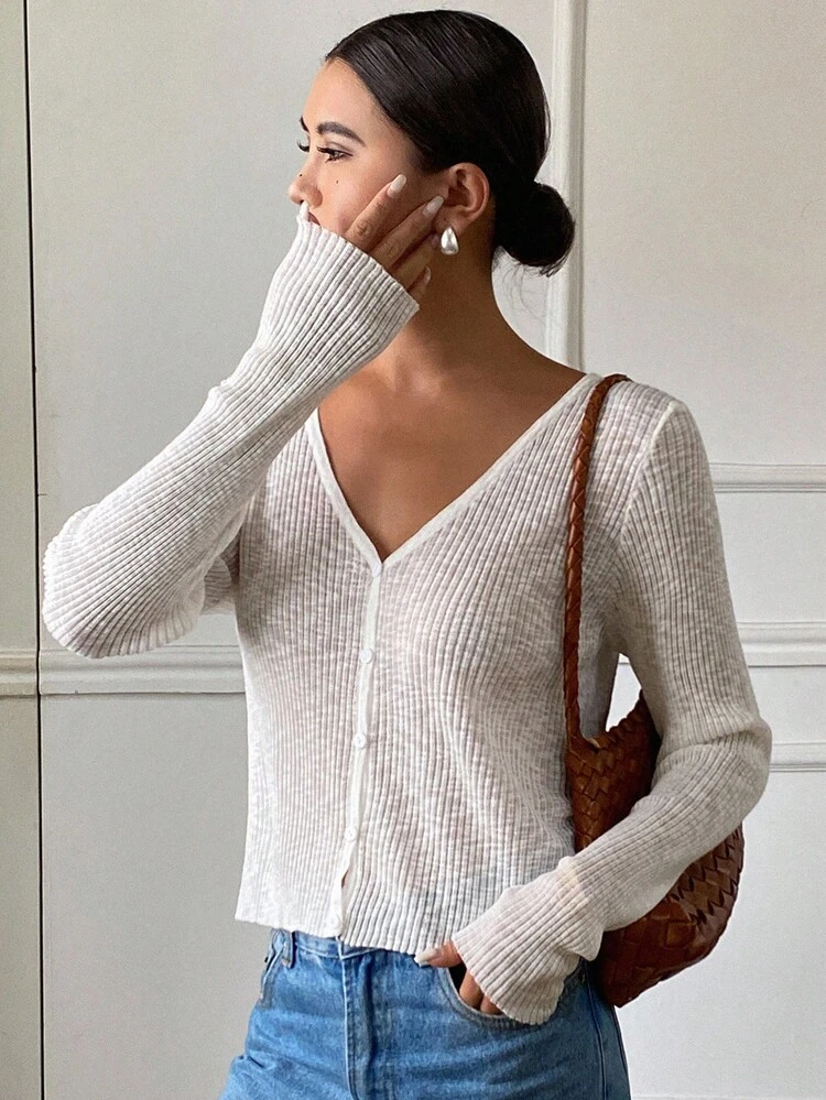 Women's Casual V-Neck Ribbed Knit Sweater Fall