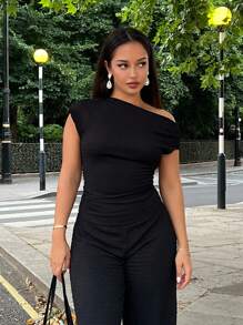 NegzBox Conjunto de dos piezas para mujer con top asimétrico de textura elástica blanca y pantalones de pierna ancha con cintura elástica, casual y elegante para todas las temporadas - Negro - Ver 7