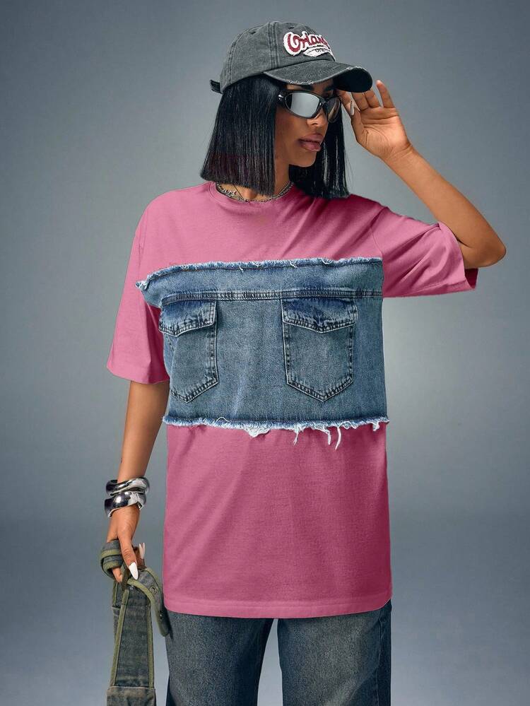 CasuGlow Denim Patch Pocket Oversize T-Shirt, Contrast Panel Tee, Casual Street Style, Frayed Hem Top, Summer - Baby Pink - View 5