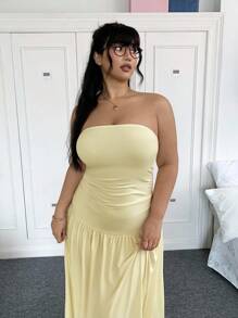 SHEIN EZwear 大码女式休闲黄色抹胸连衣裙 - 杏色 - 查看 5