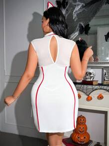 SHEIN 3pcs Plus Size Cosplay Series Contrast Trim Sleeveless Costume Set - Red and White - View 2