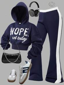 Girlism Teen Girls Hoodie & Sweatshirt Co-Ords, English Print Hoodie And Contrast Waistband Pants 2 Pieces Set Girls Sweat Outfit Sweat Set Navy Blue Hoodie Girls Hoodie Set Girls Sweatsuit Girls Tracksuit/Halloween/Autumn/Christmas/Holiday/Festival/Winter Fall - Blue and White - View 1