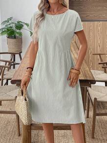 EMERY ROSE Váy cổ tròn sọc thường ngày mùa hè cho nữ Váy thường ngày mùa hè Váy ngắn tay mùa hè Váy sọc mùa hè Váy mùa hè cho nữ - màu xanh lá - Xem 4