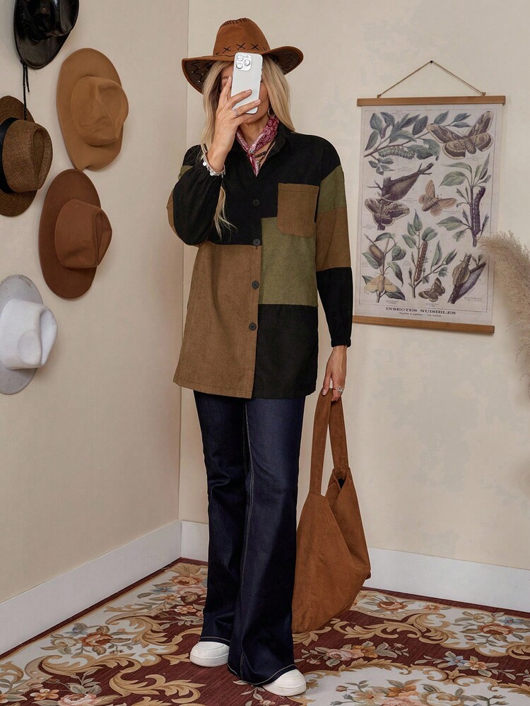 LanaWest 拼色落肩袖燈芯絨大衣 - 彩色 - 查看 7