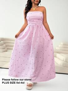 Solflare Plus Size Women Strapless Bowknot Striped Ruched Dress, Pink,Summer Outfits For Women - Pink - View 1