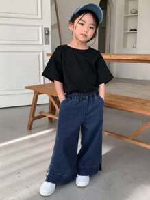 Dazy Kids سروال جينز غير رسمي للفتيات بخصر مرن وجيب وشق جانبي من لون سادة - أزرق داكن - مشاهدة 4