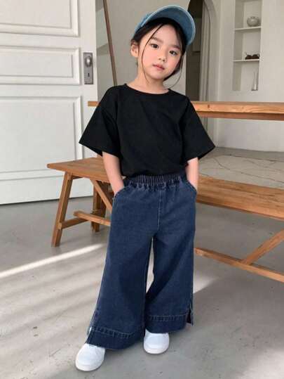 Dazy Kids 年轻女孩纯色侧开衩松紧腰口袋休闲牛仔裤