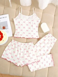 SHEIN 3pcs Tween Girls Casual Knit Pajama Set, Pink Cute Bow Print Camisole, Long Pants & Shorts - Baby Pink - View 3