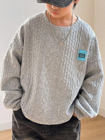 SHEIN 青少年男孩休闲韩版宽松纹理羊毛圆领套头衫，适合通勤、上学、日常休闲装、运动、秋冬