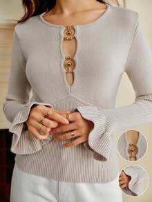 Omancia Women's Metal Ring Floral Trim Flare Sleeve Fitted Stylish Elegant Knit Top, Suitable For Thanksgiving, Autumn/Winter Fall Cloth For Women - Khaki - View 1