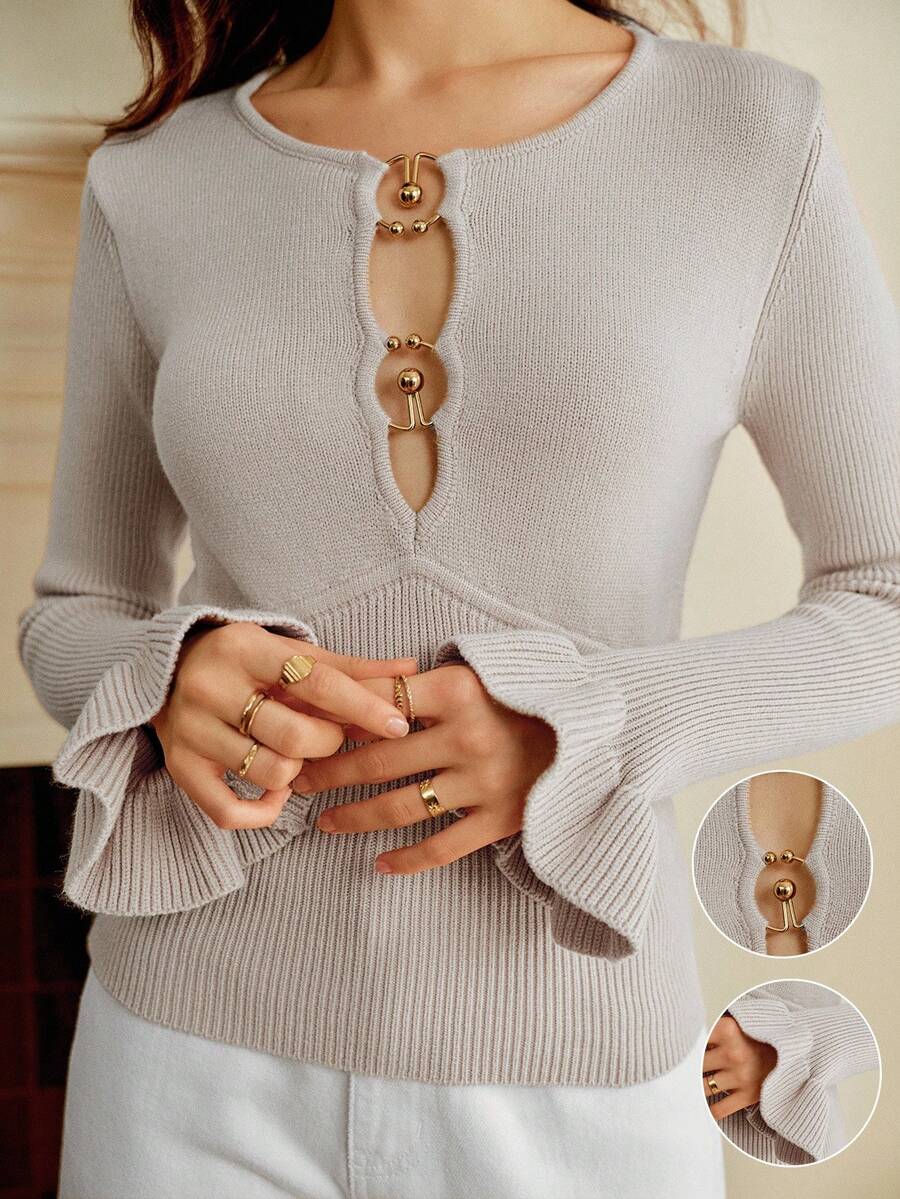 Omancia Women's Metal Ring Floral Trim Flare Sleeve Fitted Stylish Elegant Knit Top, Suitable For Thanksgiving, Autumn/Winter Fall Cloth For Women - Khaki - View 1