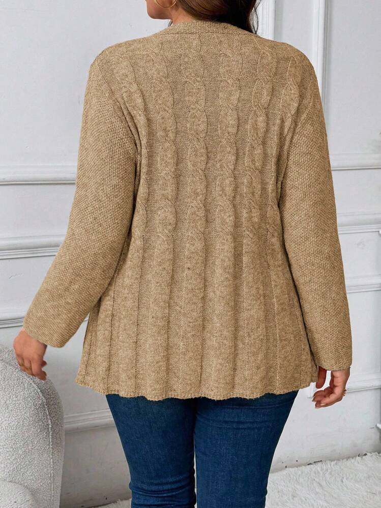Cárdigan de punto casual de cuello redondo, manga larga y abotonadura sencilla, talla grande y unicolor - Marrón - Añade 2