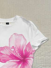 Attitoon 女士花卉印花圆领短袖修身T恤，适合夏季 - 白色 - 查看 5