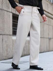 Manfinity Bizformal 男士休闲纯色西装裤，百搭男士白色正装裤白色正装裤男士男士服装男士裤子男士衣服男士裤子男士正装裤 - 米色 - 查看 3