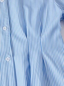 SHEIN Explorewe Teen Girl Turndown Collar Button Puff Sleeve Casual Fashion Shawl Collar Blouse Blue Striped Shirt Girls Preppy Blue Shirt