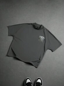 PAVTROS 男士休闲插肩袖T恤，背面饰有字母图案，夏季 - 深灰色 - 查看 5