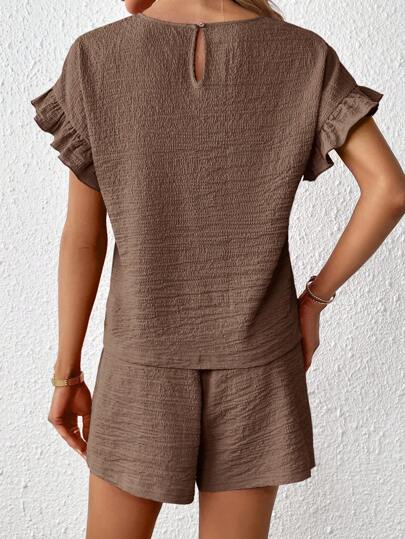 SHEIN Essnce 2pcs Women Short Sleeve Top & Elastic Waist Shorts Set Island Vacation Outfits