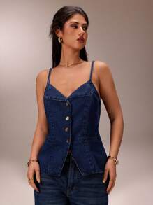 SHEIN Forever 21 1pc Women V-Neck Sleeveless Bodycon Denim Camisole Top, For Commuting - Dark Wash - View 3