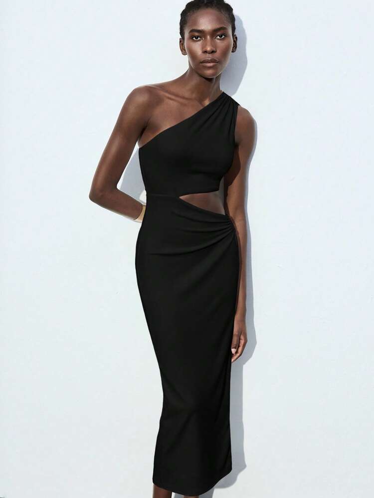 SHEIN Maija 2025 Autumn/Winter New Black Asymmetric Cut Oblique Shoulder Collar Design Metal Decor Waist Dress, Modern Elegant Urban Romantic Refined Rustic Music Festival Vintage Airport Travel Street Style Wedding Guest Birthday Halloween Business Casual Date Party Outing Airport Wedding Guest Formal Sexy Dress,Party Dress