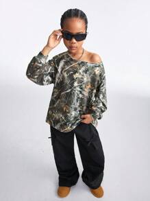 Coolane Kids Tween Girls Spring/Summer Y2K Graphics Stretchy Off The Shoulder Sweatshirt - Army Green - View 6