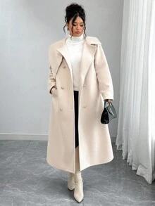 Elenzga Plusstorlek Dam Enfärgad Knyt Midja Dubbelknäppt Långärmad Elegant Högkvalitativ Romantisk Lång Yllekappa Beige Kappa Vinterkappa Dam Neutral Kappa Dam Trenchcoat Klassisk Damkappa - Aprikos - Visa 7